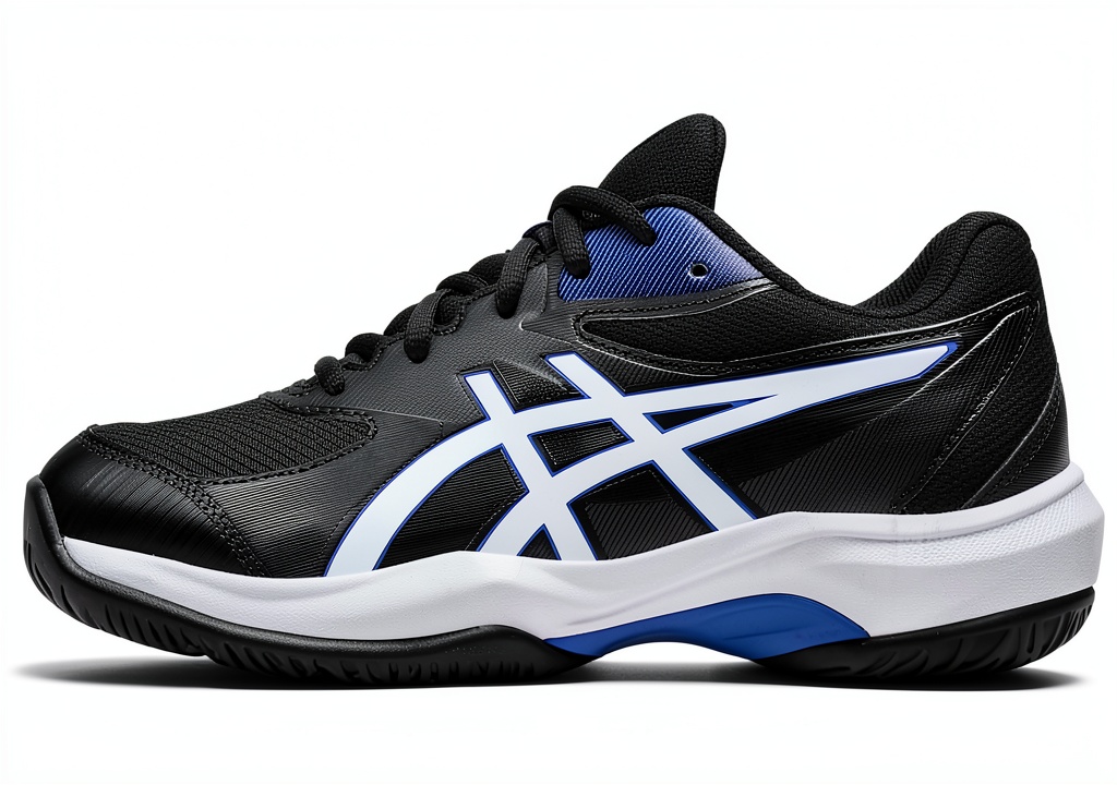 Young athlete lacing Asics Boys' Racquet Sport Shoes Grey Blue/Ironclad on a tennis court