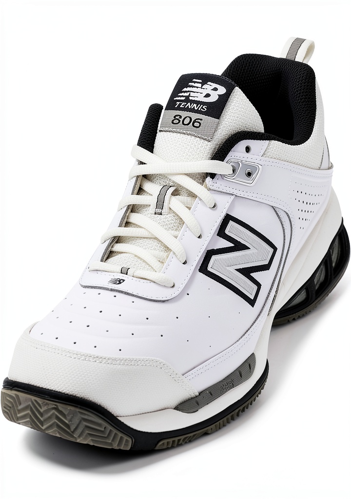 New Balance MC806W tennis shoe on a hardwood court with a player lacing up