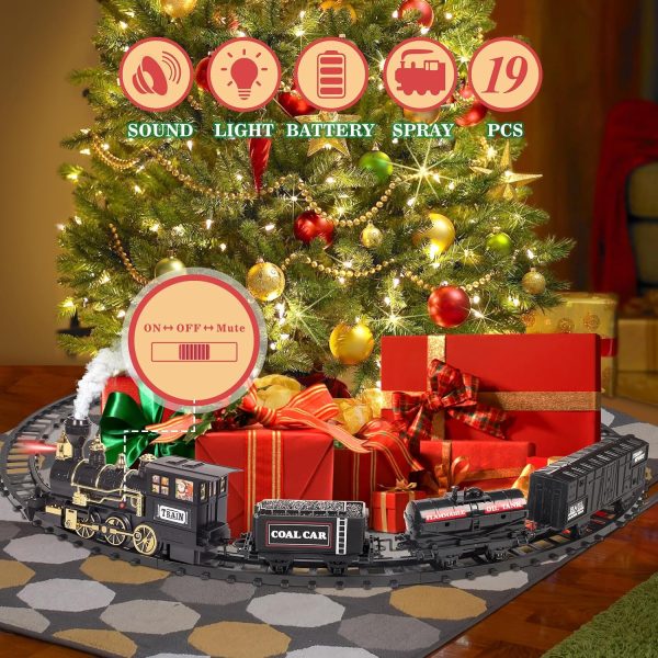 OleFun Train Set, Electric Black Train with Water Steam, Sounds & Lights, Model Christmas Train Set for Under The Tree, Railway Kit Gifts for 3, 4, 5, 6, 7, 8+ Year Old Boys & Girls-1