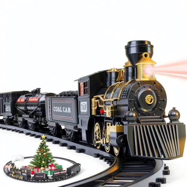 OleFun Train Set, Electric Black Train with Water Steam, Sounds & Lights, Model Christmas Train Set for Under The Tree, Railway Kit Gifts for 3, 4, 5, 6, 7, 8+ Year Old Boys & Girls-0